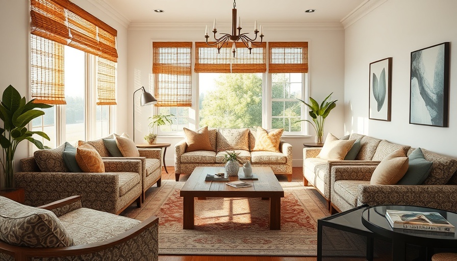 Bright living room with patterned furniture and natural lighting.