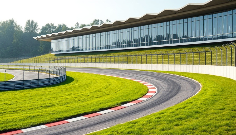 Racing circuit facility beside a curved track, lush greenery.