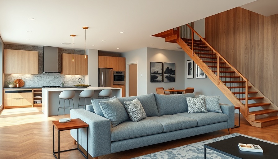 Modern cozy living space designed to grow with your family, featuring gray sofa and kitchen.