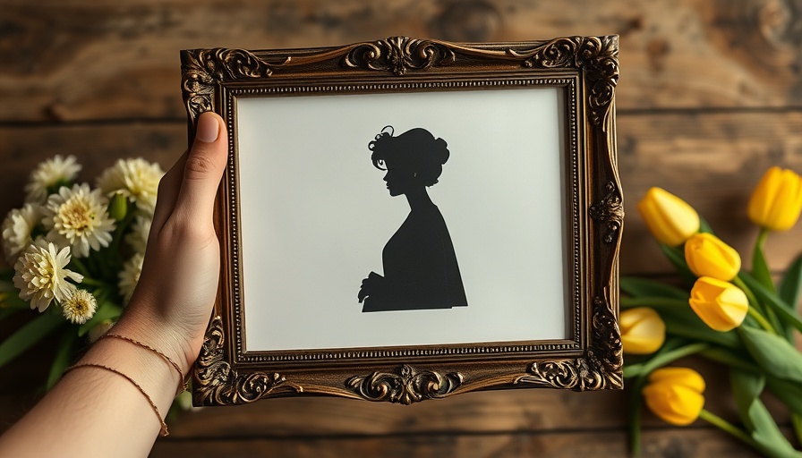 DIY silhouette art in an ornate frame over a rustic table.