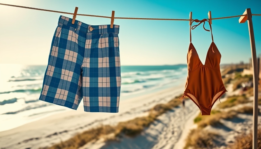 Swimsuits hanging on a clothesline with ocean view.