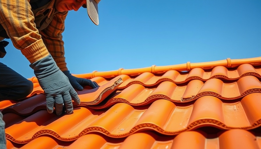 Person repairing tile roof under blue sky, following repair guidelines
