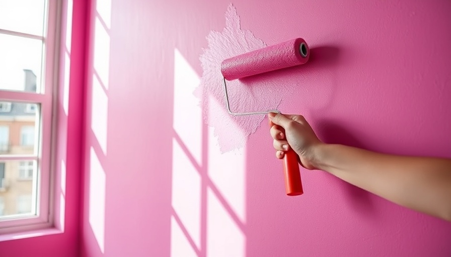 Man painting wall magenta with blue roller, painting house dark color, close-up.