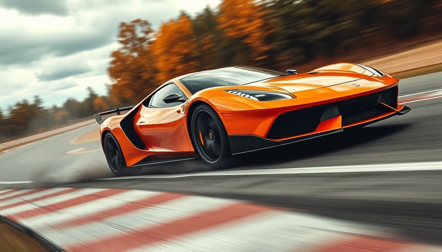 Orange sports car skidding on track, dynamic motion.