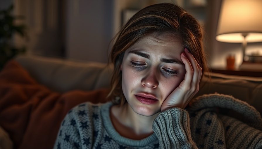 Exhausted woman displaying signs of sleep deprivation in a cozy living room.
