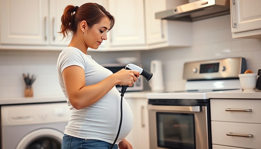 Pregnant woman cleaning oven with steam cleaner in modern kitchen.