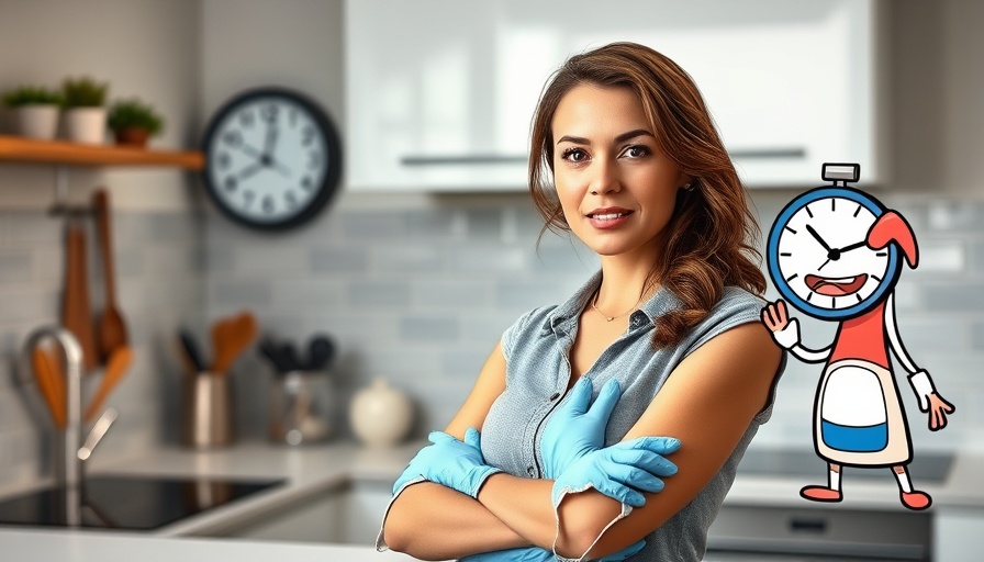 How many hours to clean a dirty house? Woman ready to clean in kitchen.