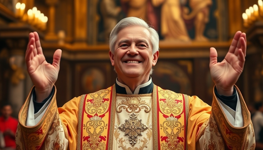 Religious figure raising hands in ornate vestments at ceremony.