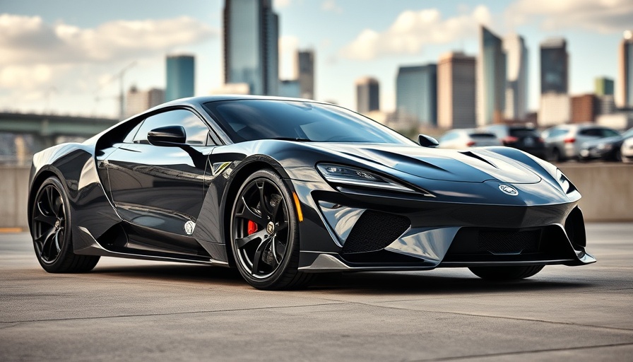 Sleek sports car with V-6 engine in urban setting.