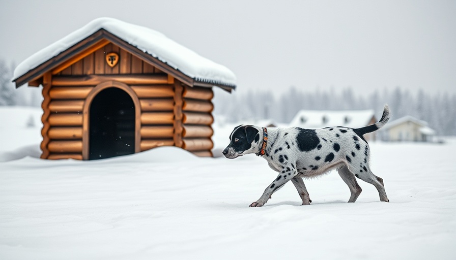 Spotted dog near snowy dog house, winter setting