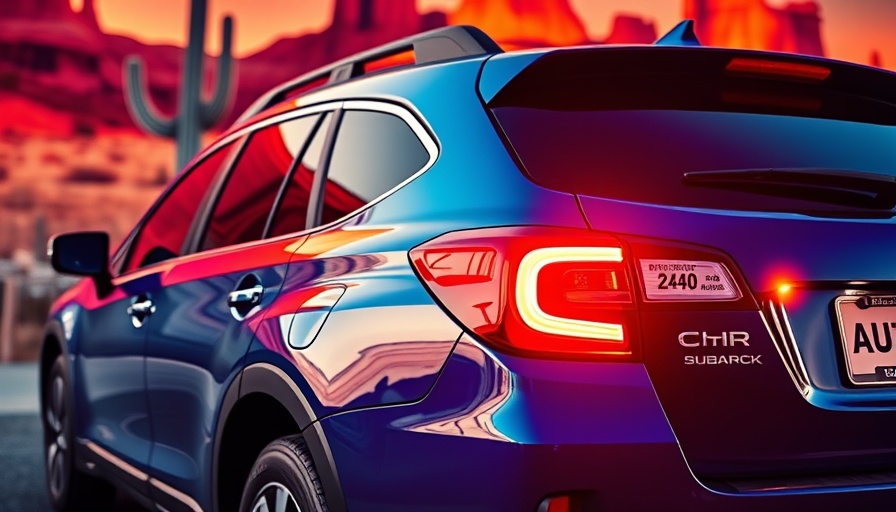 Vibrant blue Subaru Outback with ruler taillight on desert-themed stage.