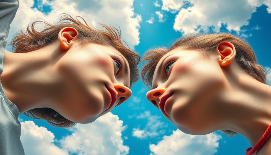 Surreal depiction of two people facing each other against clouds.