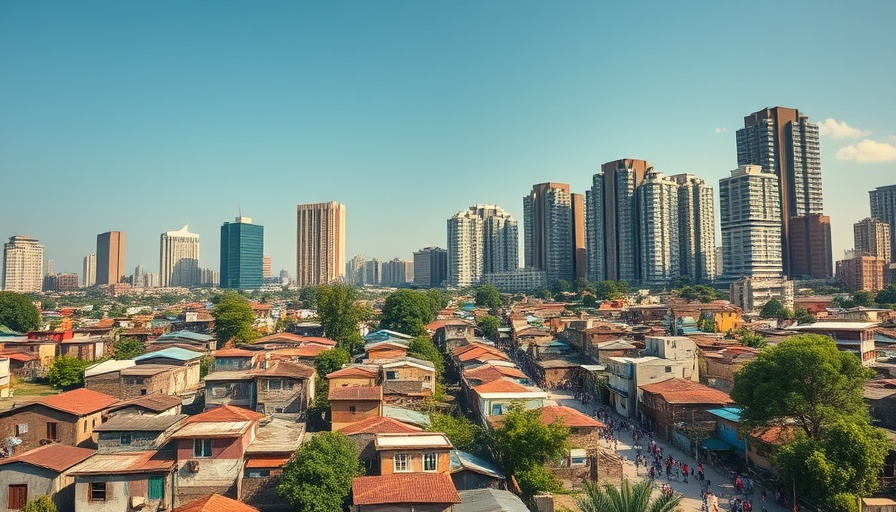 End Global Poverty Without Compromising Climate Goals illustrated by contrasting housing.