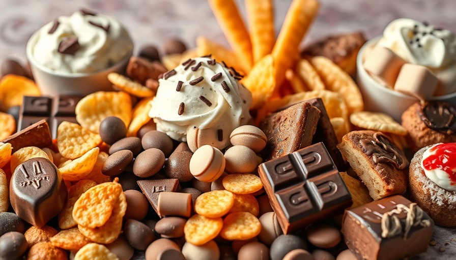 Array of foods that trigger cravings like chocolate, chips.