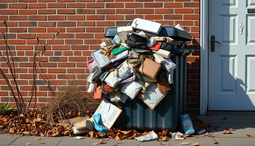Overflowing outdoor garbage bin in urban area with fallen leaves.