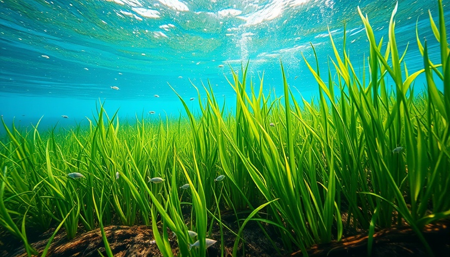 Lush seagrass meadow under clear blue water with small fish