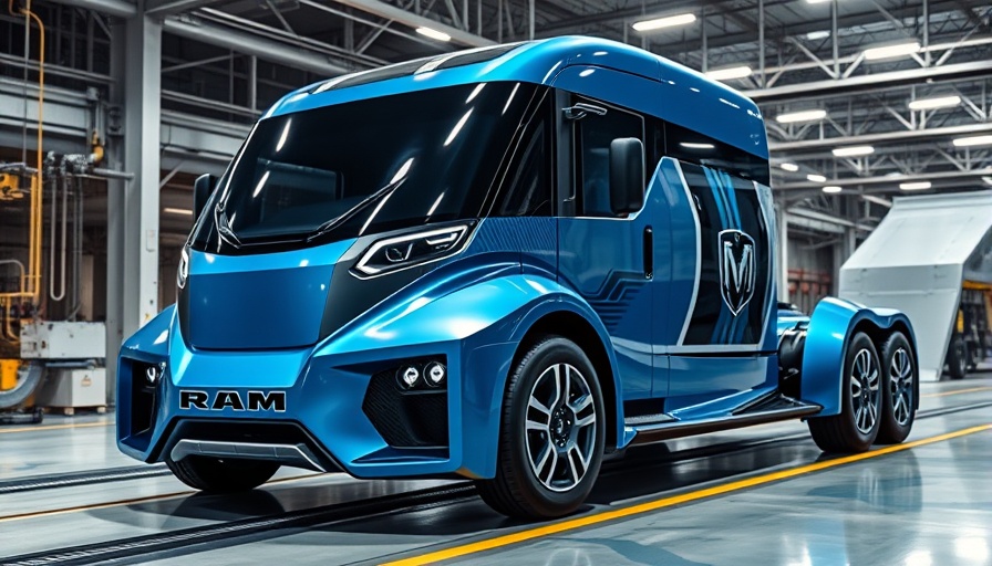 Futuristic electric Ram truck in industrial setting, photorealistic.
