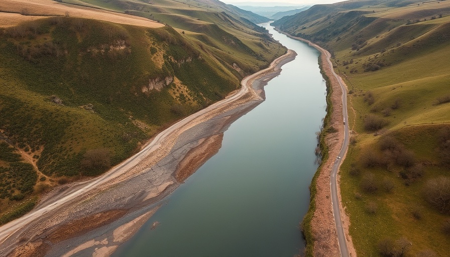 Aerial view of UK river with low water levels in drought conditions.