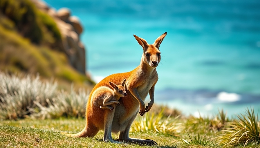 Kangaroo and joey near ocean as Adidas ends kangaroo leather use.