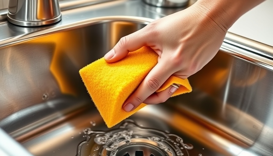 Hand polishing stainless steel sink with yellow sponge for a gleaming finish.