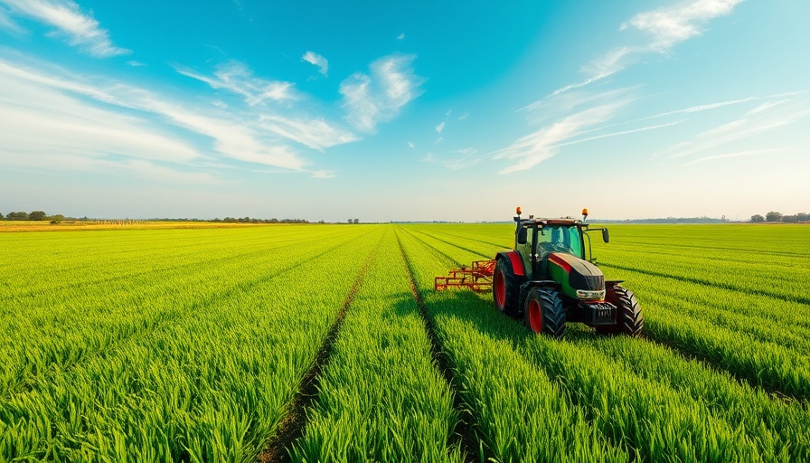Investing in Farmers Transitioning to Organic Agriculture: tractor in green field under blue sky.