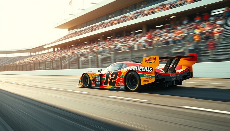Indy 500 race car in action on track with motion blur, fans cheering.