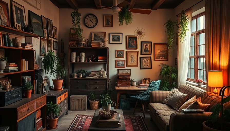 Dimly lit compact living space with vintage decor tricks.