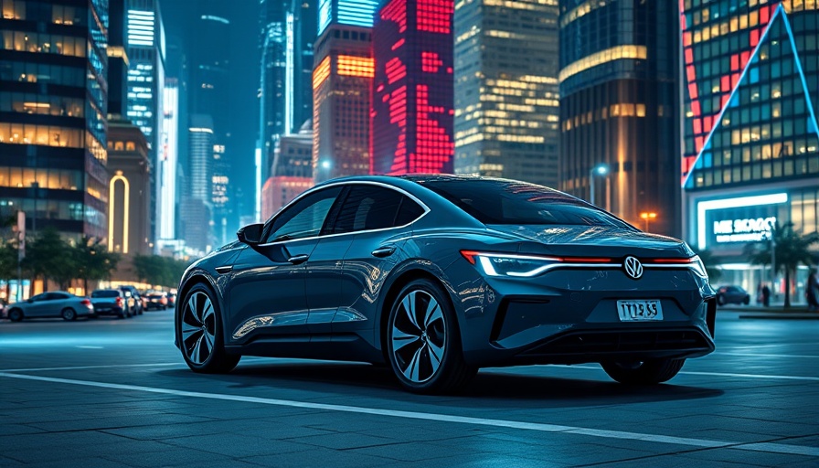 Modern Volkswagen electric vehicle in a futuristic city.