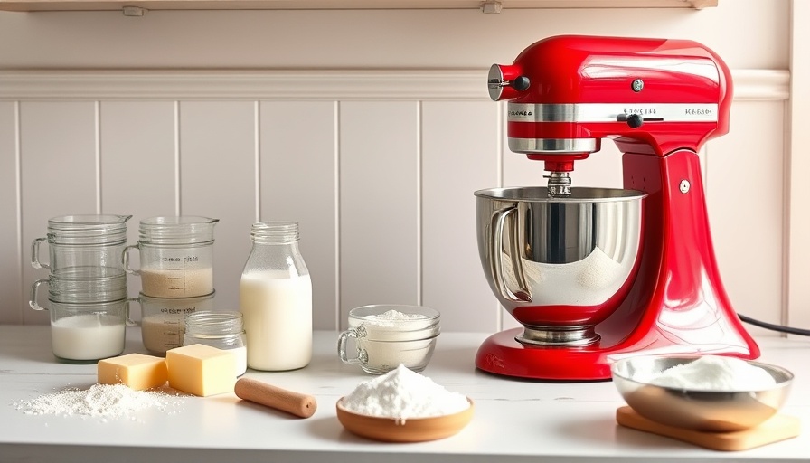 Pristine red stand mixer with baking ingredients on vintage counter.