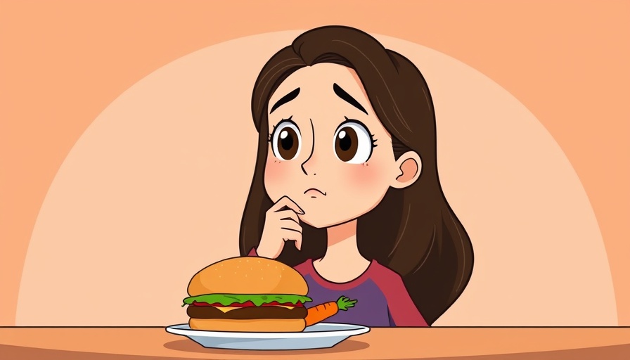 Reflective young woman considering food choices, cartoon.