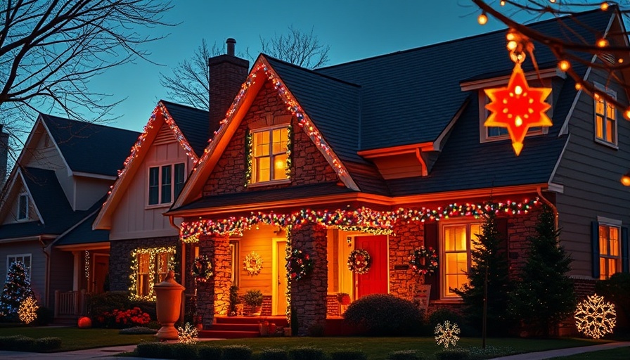 Colorful Christmas lights on house roof, holiday preparation.
