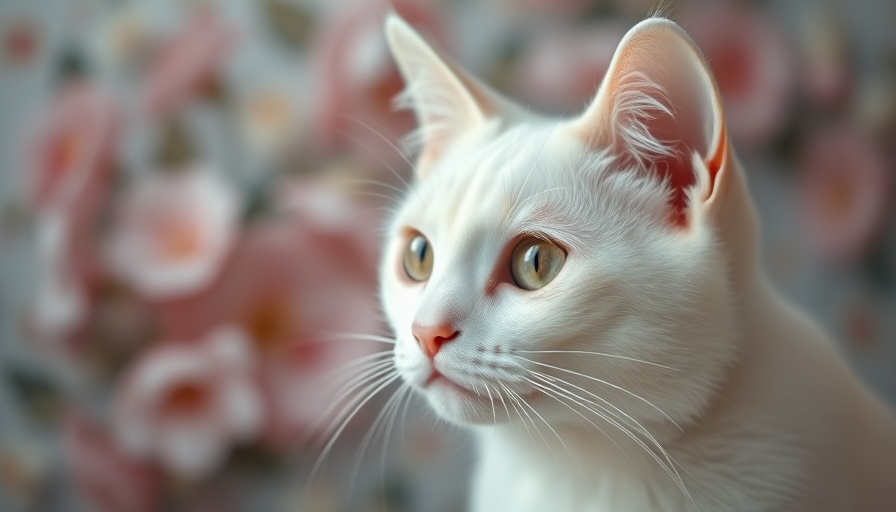 White cat looking sideways with blurred flowers; lilies toxic to cats background.