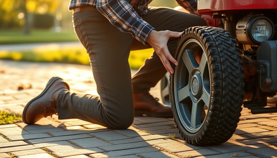 Person changing a lawn mower tire on a paved path, morning light.