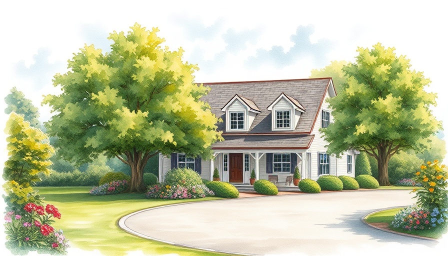 Traditional design home trends depicted in watercolor with trees and garden.