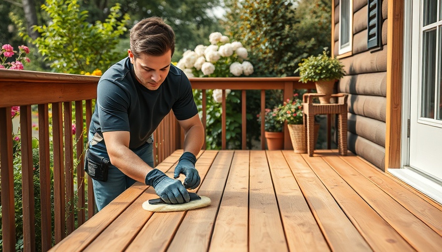 Young man maintaining wooden deck in garden, home maintenance tips.
