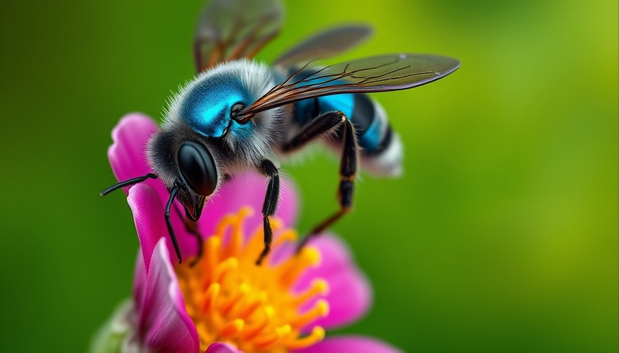Close-up of metallic blue bee on a flower, highlighting emerging threats to bees.