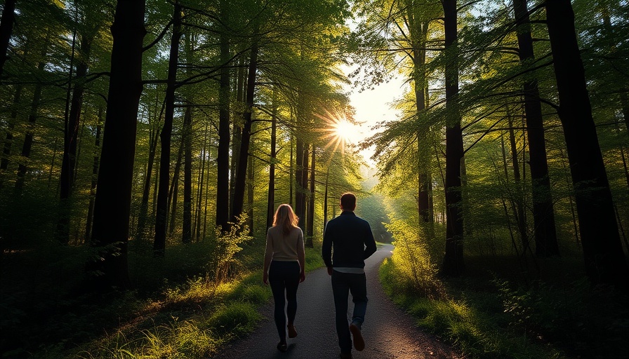 Two people walking in a forest, symbolizing freedom from tech overload.