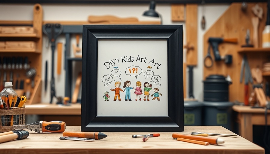 Black DIY kid's art frame with drawing in workshop.