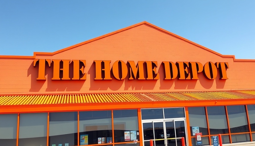 Vibrant Home Depot facade with orange signage under blue sky.