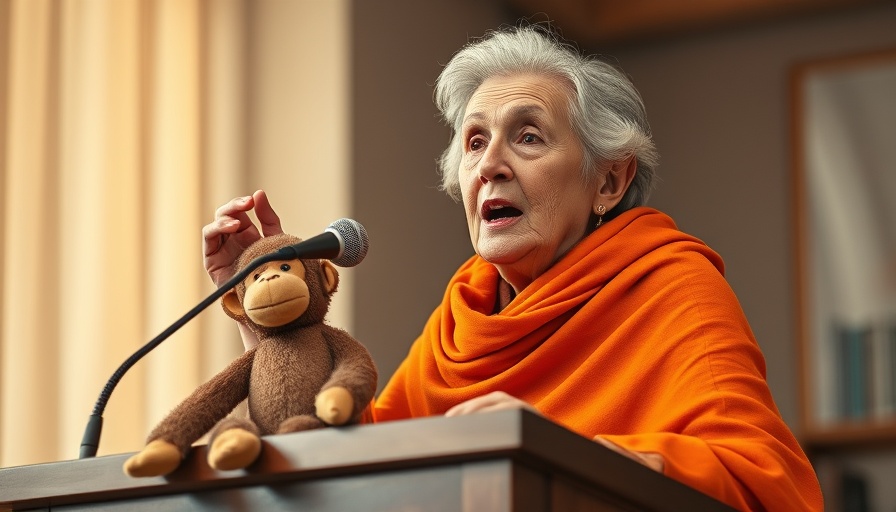 Dr. Jane Goodall speaking passionately at a podium with plush toy.