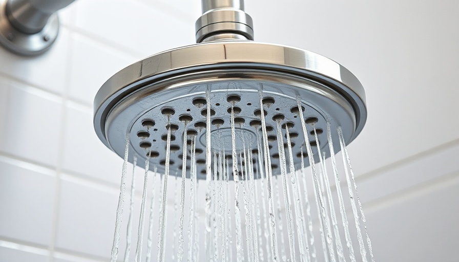 Clean stainless steel showerhead with water flow in a tiled bathroom.