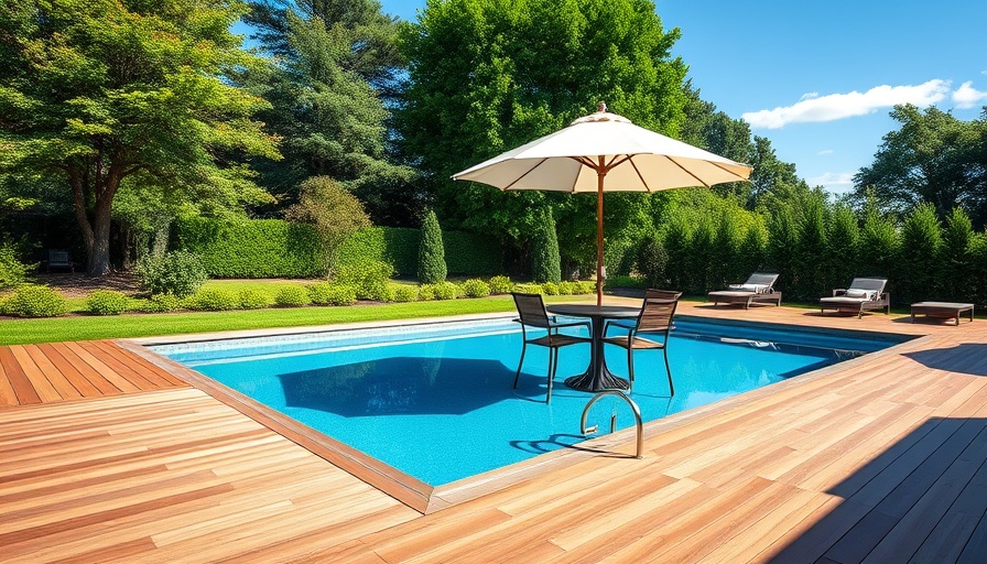 Stylish WPC composite decking by the poolside with garden view