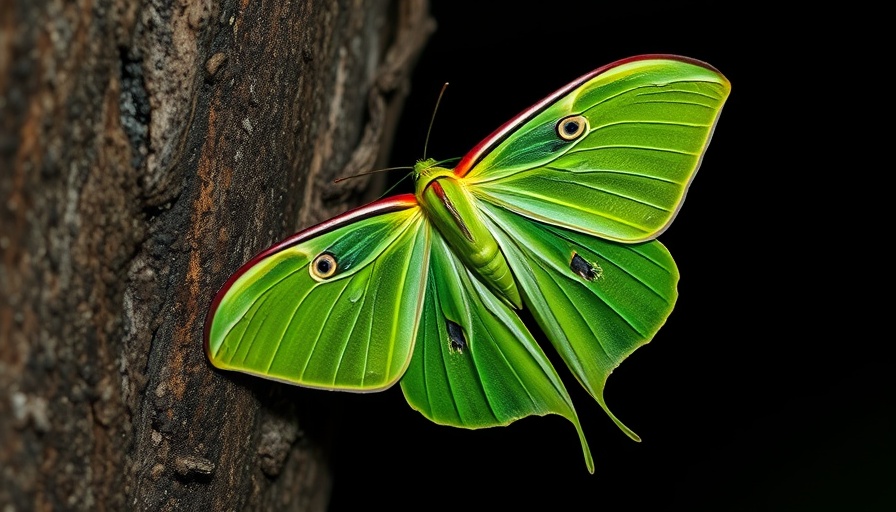 Nocturnal pollinators importance: close-up of a green moth on tree.