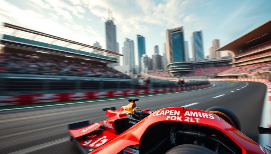 Formula 1 car racing past city skyline, dramatic scene.