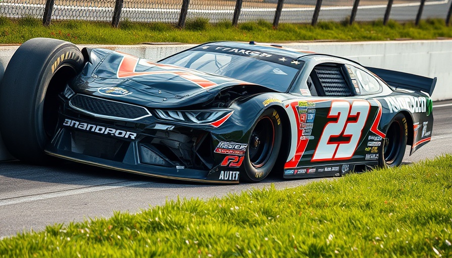 NASCAR car crash at race track with tire barrier.