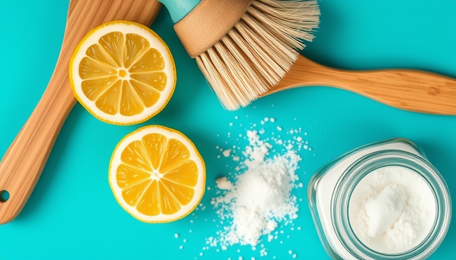 Eco-friendly cleaning tools and natural ingredients on turquoise background.