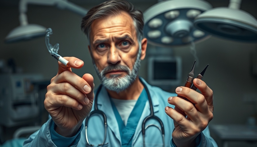 Smoking and surgery complications: Doctor with cigarette and tools.