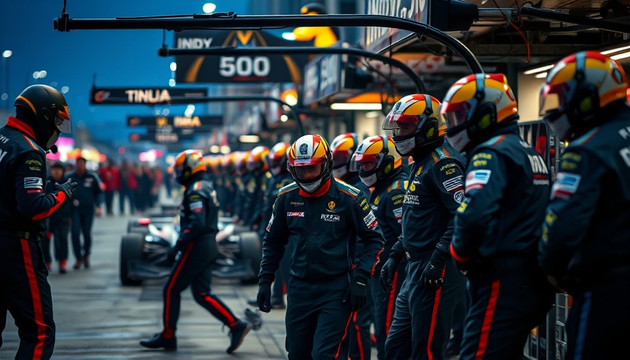 Indy 500 pit crew safety incident, crew in action in dynamic pit lane.