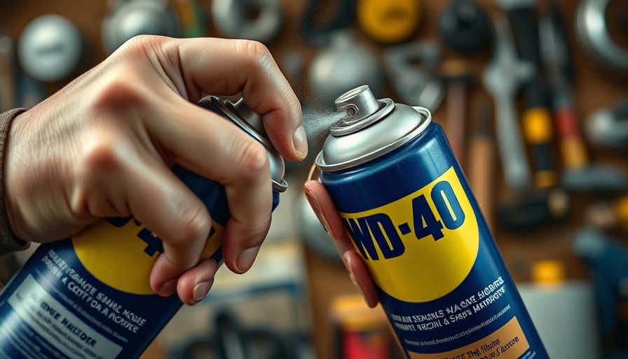 Close-up of WD-40 spray in a workshop, showing usage ways.