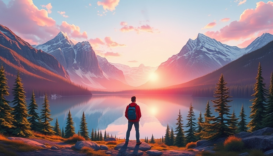 Awe Journal: Hiker gazing at sunrise over tranquil lake in mountains.